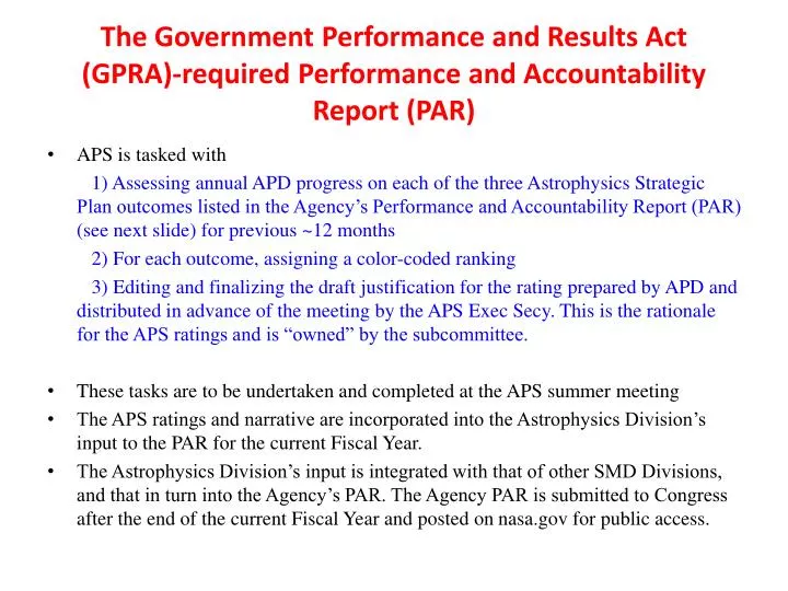 the government performance and results act gpra required performance and accountability report par