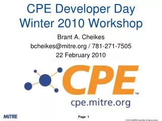 CPE Developer Day Winter 2010 Workshop