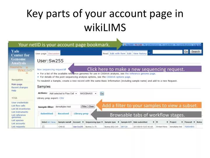 key parts of your account page in wikilims