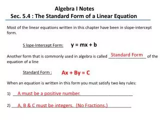 Algebra I Notes Sec. 5.4 : The Standard Form of a Linear Equation