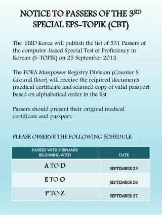 NOTICE TO PASSERS OF THE 3 RD SPECIAL EPS-TOPIK (CBT)