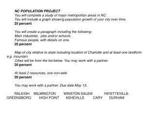 NC POPULATION PROJECT You will complete a study of major metropolitan areas in NC.