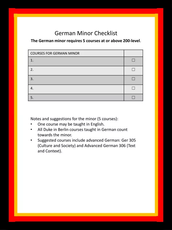 german minor checklist the german minor requires 5 courses at or above 200 level
