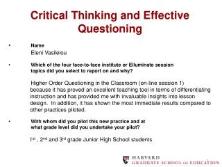 Critical Thinking and Effective Questioning