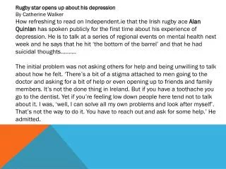 Rugby star opens up about his depression By Catherine Walker