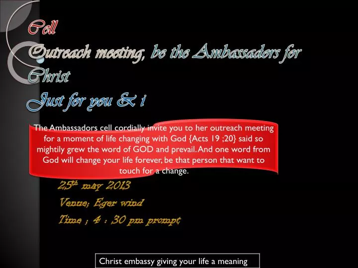 cell outreach meeting be the ambassadors for christ just for you i