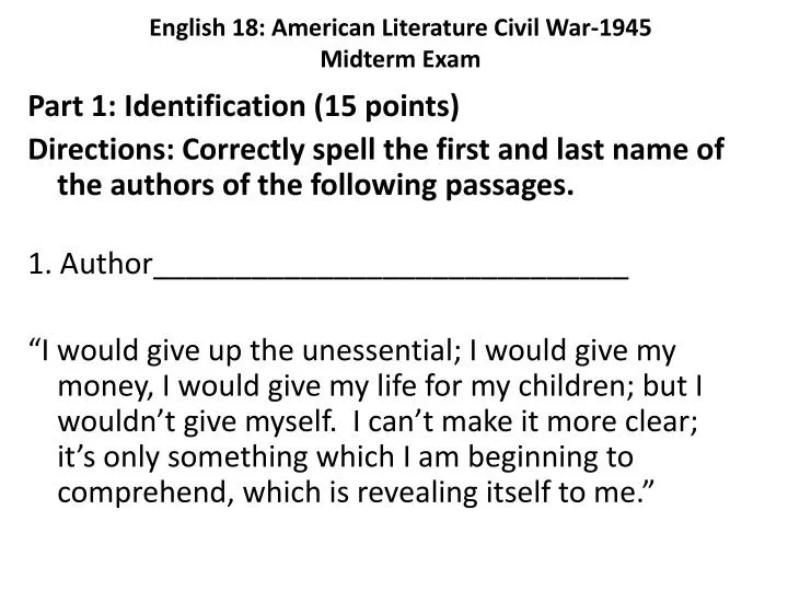 english 18 american literature civil war 1945 midterm exam