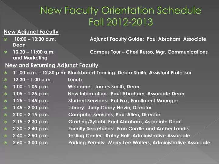 new faculty orientation schedule fall 2012 2013
