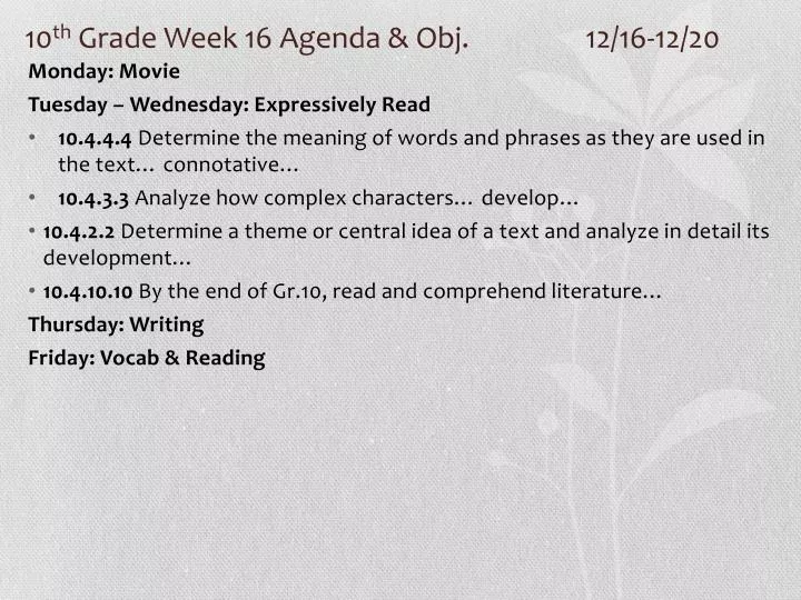 10 th grade week 16 agenda obj 12 16 12 20