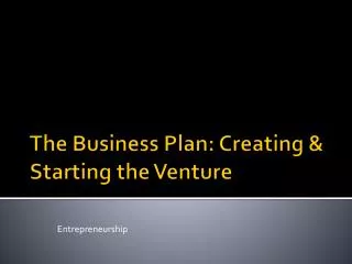The Business Plan: Creating &amp; Starting the Venture