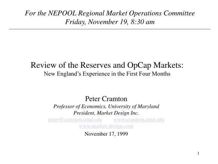 review of the reserves and opcap markets new england s experience in the first four months