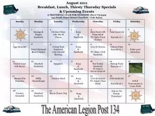 August 2011 Breakfast, Lunch, Thirsty Thursday Specials &amp; Upcoming Events