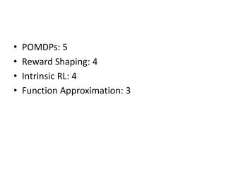 POMDPs: 5 Reward Shaping: 4 Intrinsic RL: 4 Function Approximation: 3