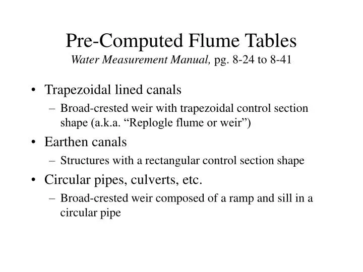 pre computed flume tables water measurement manual pg 8 24 to 8 41