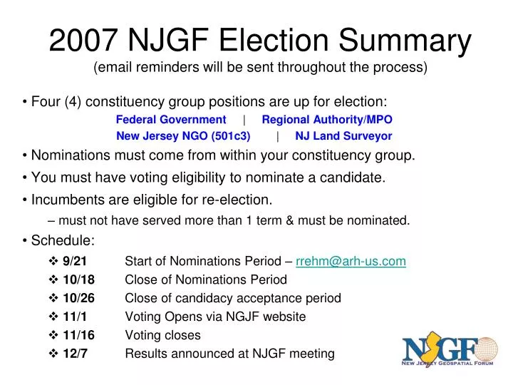 2007 njgf election summary email reminders will be sent throughout the process