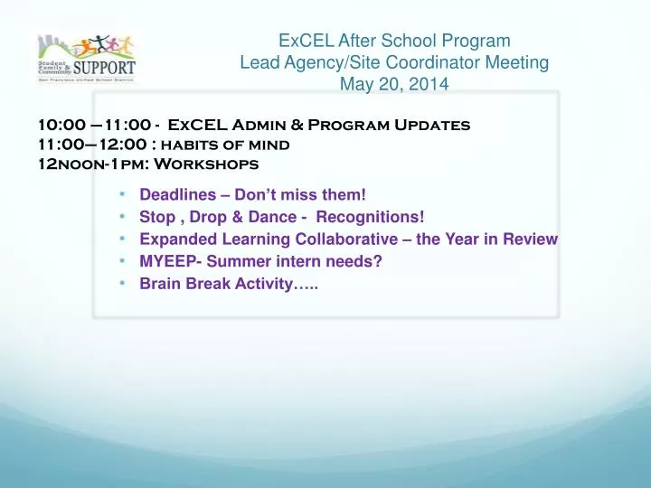 excel after school program lead agency site coordinator meeting may 20 2014