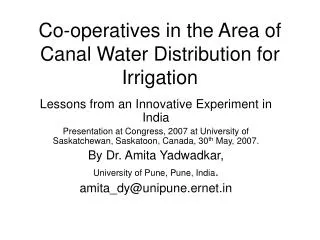 Co-operatives in the Area of Canal Water Distribution for Irrigation