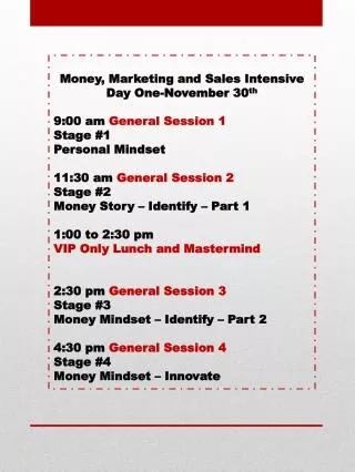 Money, Marketing and Sales Intensive Day One-November 30 th 9:00 am General Session 1 Stage #1