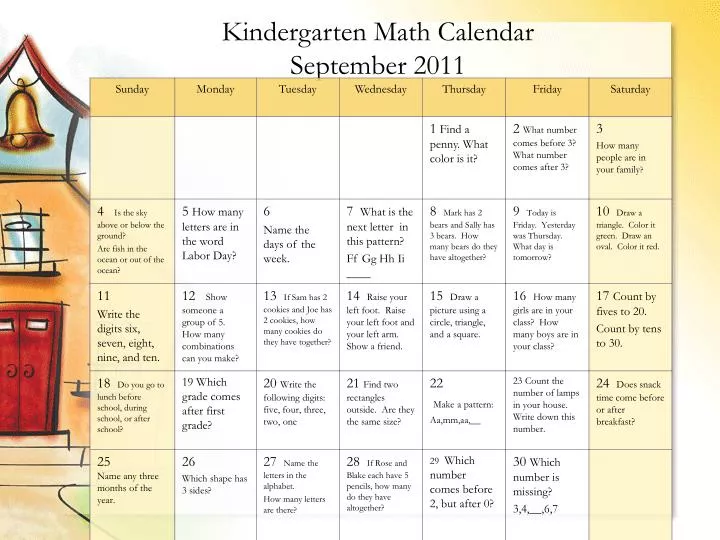 kindergarten math calendar september 2011