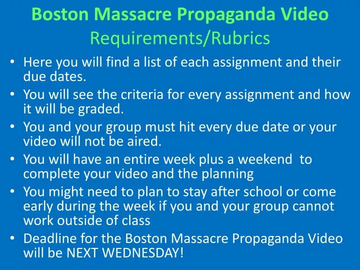 boston massacre propaganda video requirements rubrics