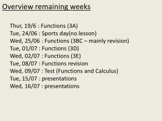 Overview remaining weeks