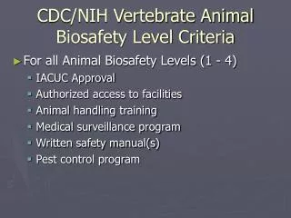 CDC/NIH Vertebrate Animal Biosafety Level Criteria
