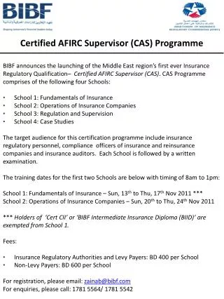 Certified AFIRC Supervisor (CAS) Programme