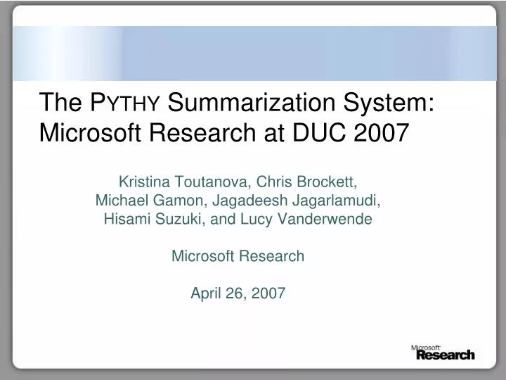 the pythy summarization system microsoft research at duc 2007