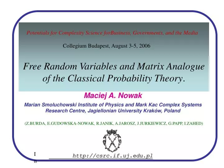 free random variables and matrix analog ue of the classical probability theory