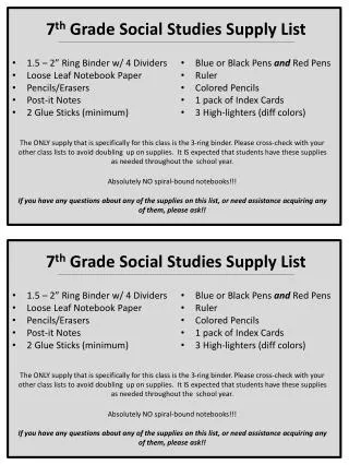 7 th Grade Social Studies Supply List