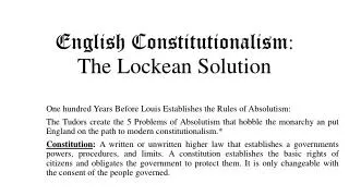 English Constitutionalism : The Lockean Solution