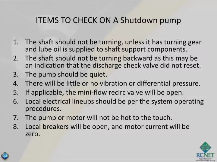 items to check on a shutdown pump