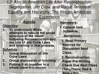 L2: African American Life After Reconstruction: Segregation, Jim Crow, and Racial Terrorism
