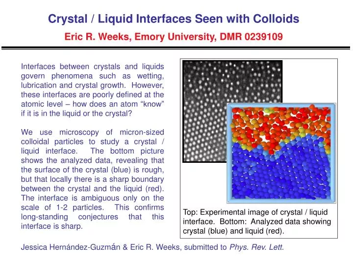 crystal liquid interfaces seen with colloids eric r weeks emory university dmr 0239109