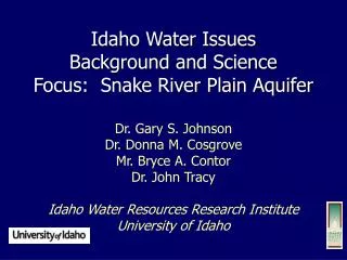 Idaho Water Issues Background and Science Focus: Snake River Plain Aquifer