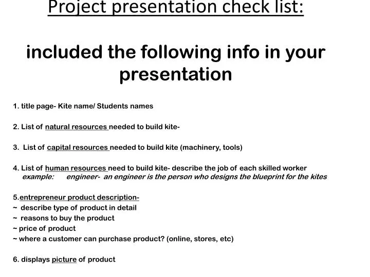 project presentation check list included the following info in your presentation