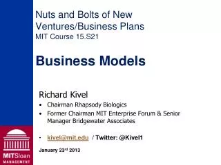Nuts and Bolts of New Ventures/Business Plans MIT Course 15.S21 Business Models