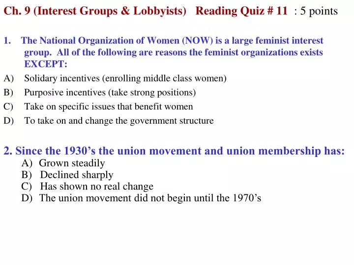 ch 9 interest groups lobbyists reading quiz 11 5 points