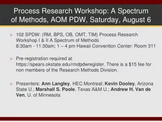 Process Research Workshop: A Spectrum of Methods, AOM PDW, Saturday, August 6
