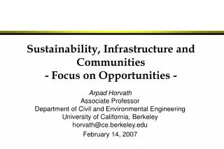 Sustainability, Infrastructure and Communities - Focus on Opportunities -