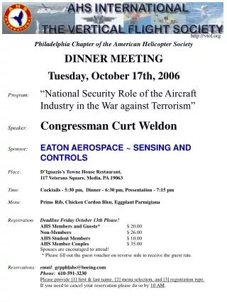 Philadelphia Chapter of the American Helicopter Society DINNER MEETING Tuesday, October 17th, 2006
