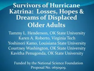 Survivors of Hurricane Katrina: Losses, Hopes &amp; Dreams of Displaced Older Adults