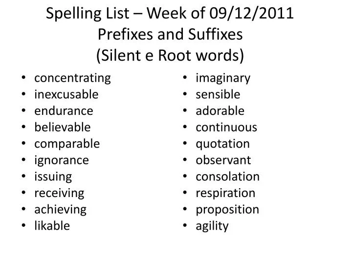 spelling list week of 09 12 2011 prefixes and suffixes silent e root words