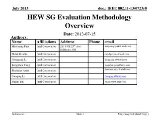 HEW SG Evaluation Methodology Overview