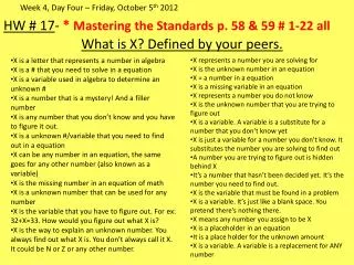 HW # 17 - * Mastering the Standards p. 58 &amp; 59 # 1-22 all