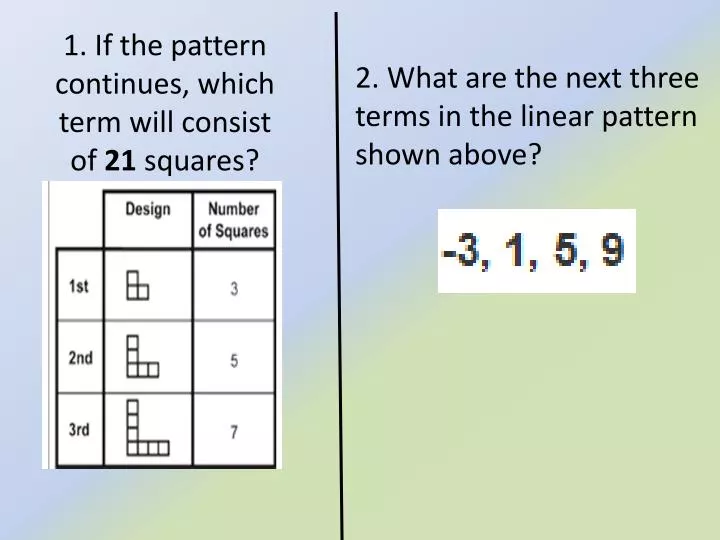 1 if the pattern continues which term will consist of 21 squares
