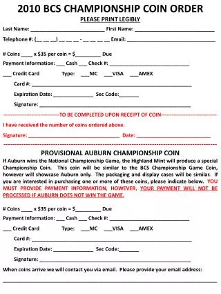 2010 BCS CHAMPIONSHIP COIN ORDER PLEASE PRINT LEGIBLY