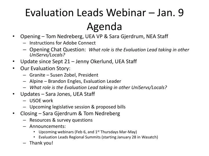 evaluation leads webinar jan 9 agenda