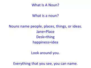 What Is A Noun? What is a noun? Nouns name people, places, things, or ideas. Jane=Place Desk=thing