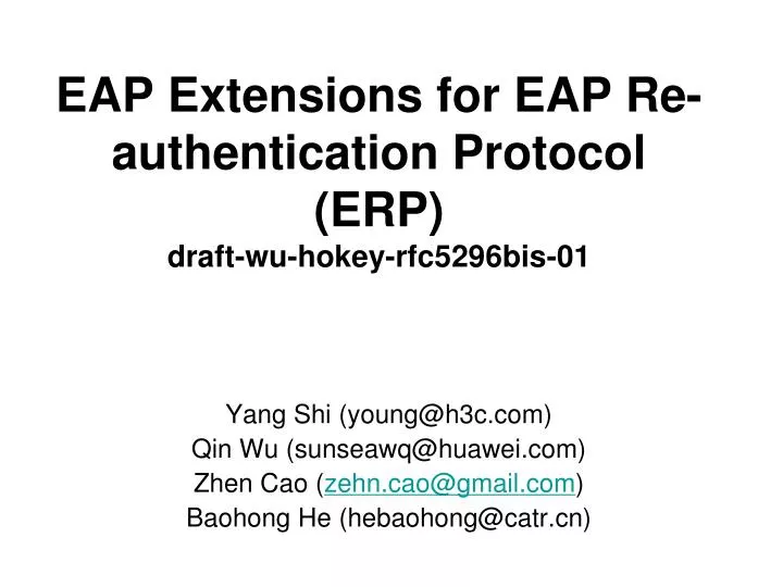 eap extensions for eap re authentication protocol erp draft wu hokey rfc5296bis 01
